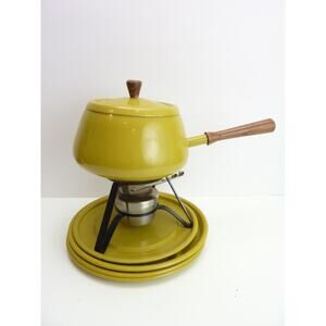Vintage Mid Century Fondue Pot Mustard Yellow Wood Handles with 3 Steel Plates